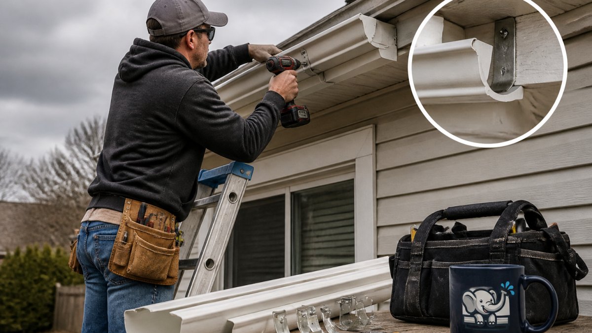A homeowner on a sturdy aluminum ladder reattaching a loose gutter section to the fascia board with a cordless drill, close-up showing the hidden hanger and screw detail, overcast afternoon light