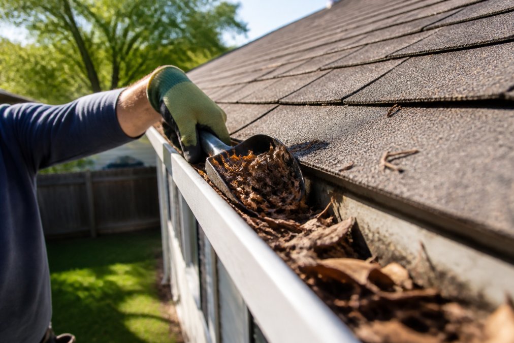 Homeowner's gloved hands using a gutter scoop to remove accumulated leaves and debris from a residential gutter on a sunny afternoon
