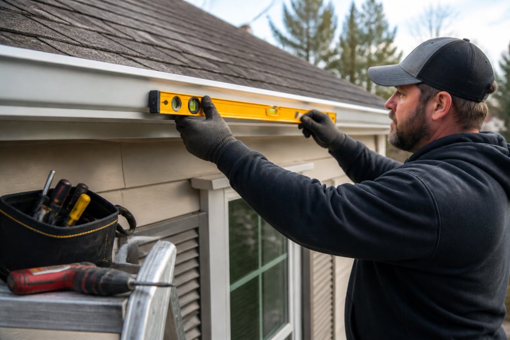 Professional using a torpedo level to measure gutter pitch, checking the slight downward slope toward the downspout on a residential home exterior