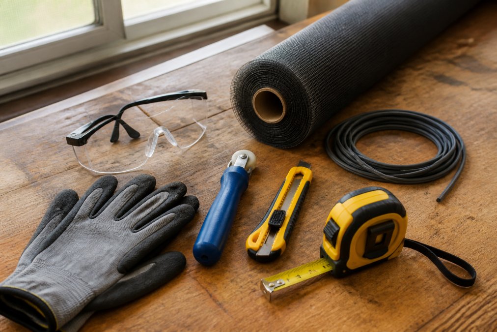 Flat lay of screen repair tools arranged on a wooden workbench including spline tool, utility knife, tape measure, new fiberglass mesh roll, rubber spline, work gloves, and safety glasses in natural window lighting