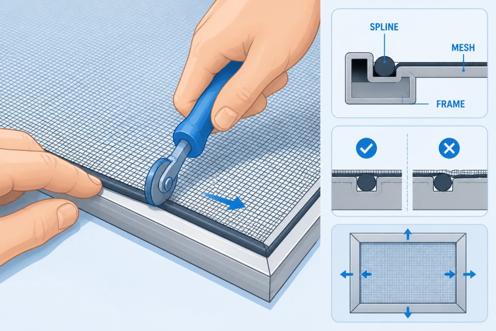 Close-up of hands using a spline tool to press rubber spline into the aluminum frame groove with new fiberglass mesh installed, showing proper technique and even tension