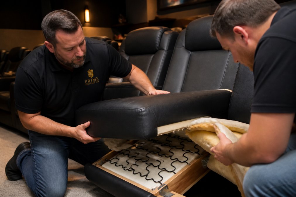 Close-up of hands carefully removing a theater seat cushion to reveal internal coil springs, compressed foam deterioration, and worn batting material