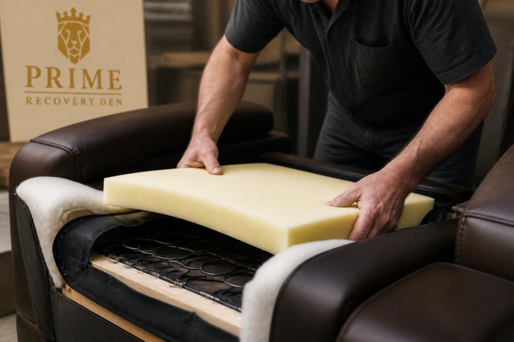 Hands carefully positioning new high-density foam padding into a theater seat frame, with upholstery batting visible and spring structure underneath