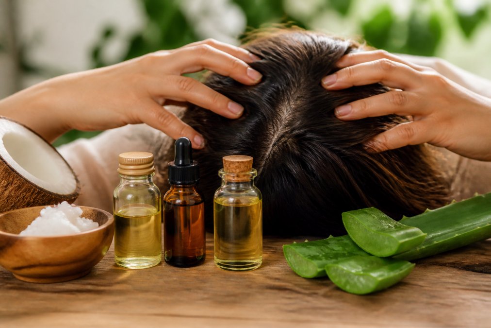 Close-up of hands gently applying natural oils to scalp during massage, with bottles of tea tree oil, coconut oil, and aloe vera visible on a wooden surface with soft natural lighting