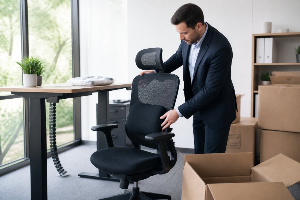 Professional adjusting an ergonomic office chair and lumbar support to relieve sciatica pain at a standing desk
