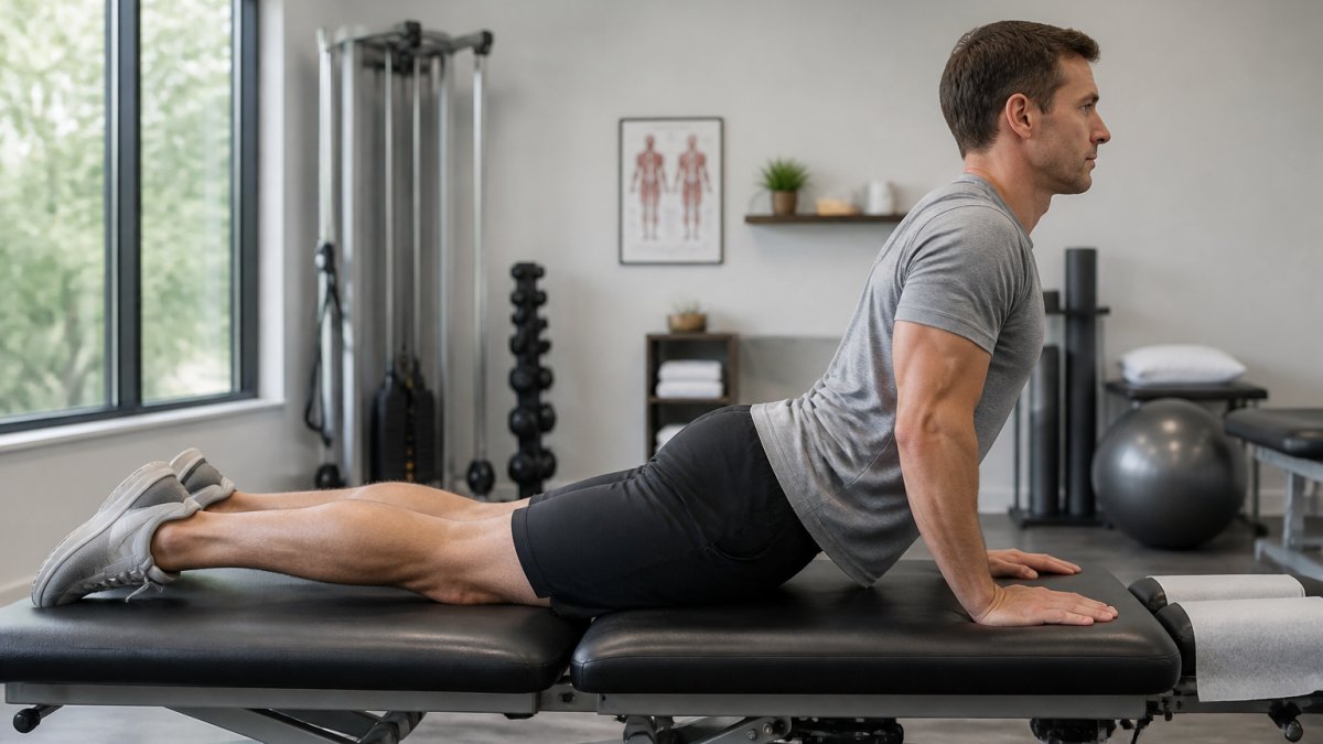 Person lying prone on a firm surface with hands positioned under shoulders, demonstrating proper hand placement and neutral spine alignment for McKenzie press-up technique in a clinical setting