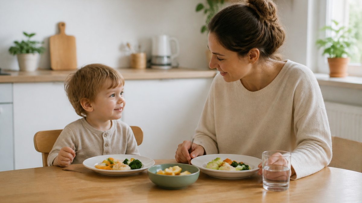 Infographic showing a 3-step process for creating a calm and predictable mealtime routine for young children.
