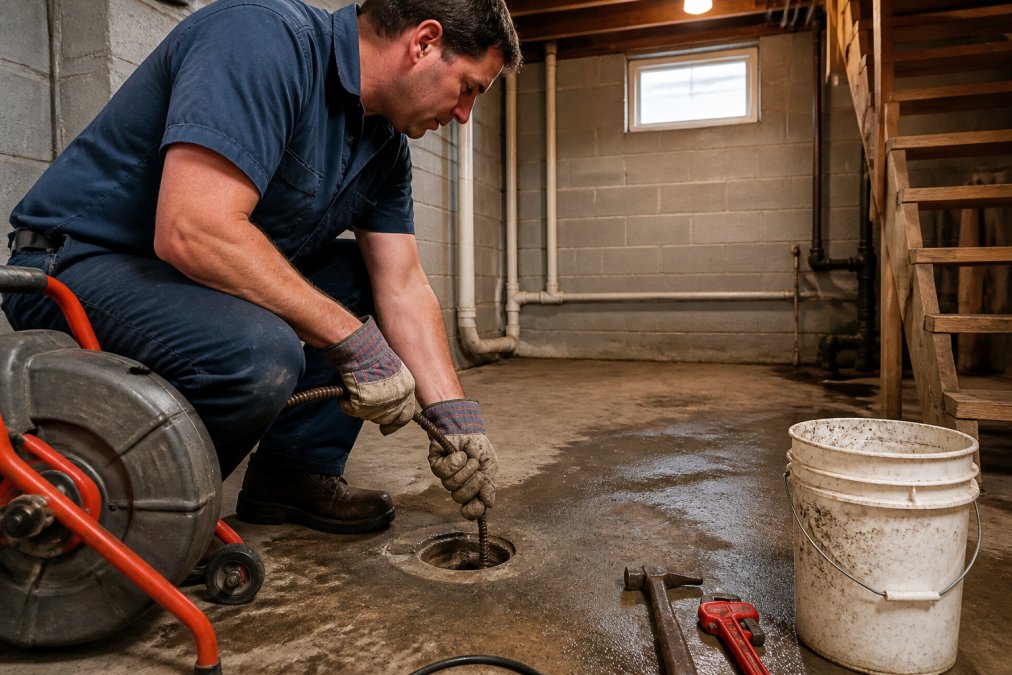A plumber in work gloves feeding a drain snake into a basement floor drain, utility room lit by a single overhead bulb, bucket and tools on the concrete floor