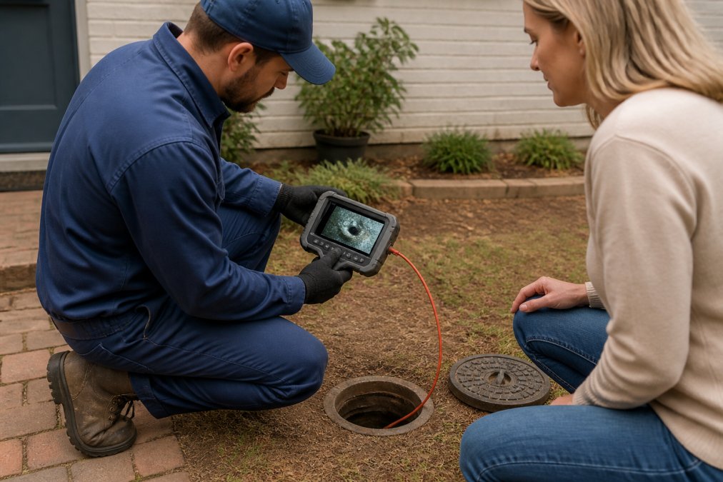 A professional plumber in a residential yard kneeling beside an open cleanout access point, holding a sewer camera monitor that displays a live pipe feed to a homeowner