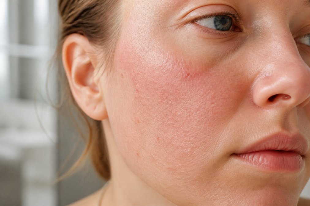 Close-up of a woman's face showing dry, slightly red, and visibly irritated skin near the cheek area, under soft natural window light