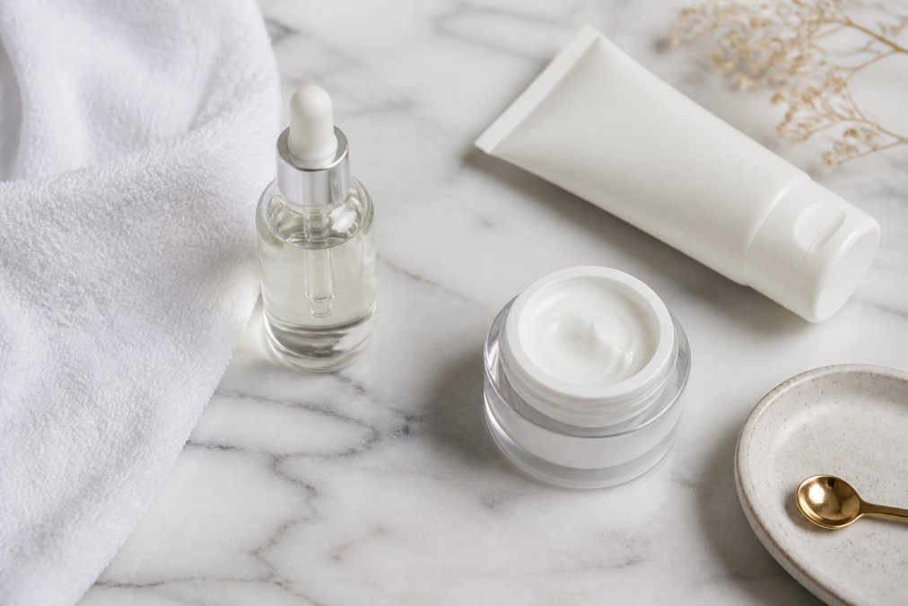 Flat lay of skincare products including a serum bottle, moisturizer, and gentle cleanser arranged on a clean white marble surface with soft studio lighting