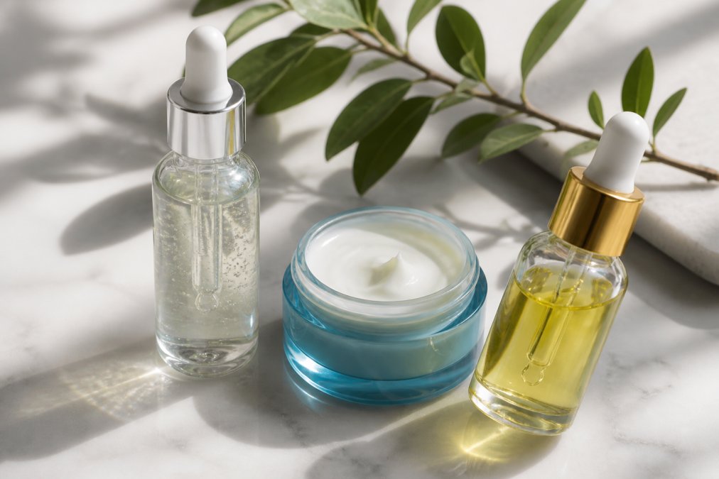 Close-up of a serum bottle, moisturizer jar, and facial oil dropper arranged on a white marble surface, soft natural light casting gentle shadows across the product textures