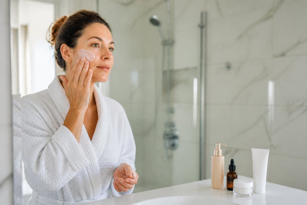 A woman in her early 40s applying a creamy moisturizer to her face in a bright minimalist bathroom, expression calm and focused, with a few skincare products arranged neatly on the white countertop beside her