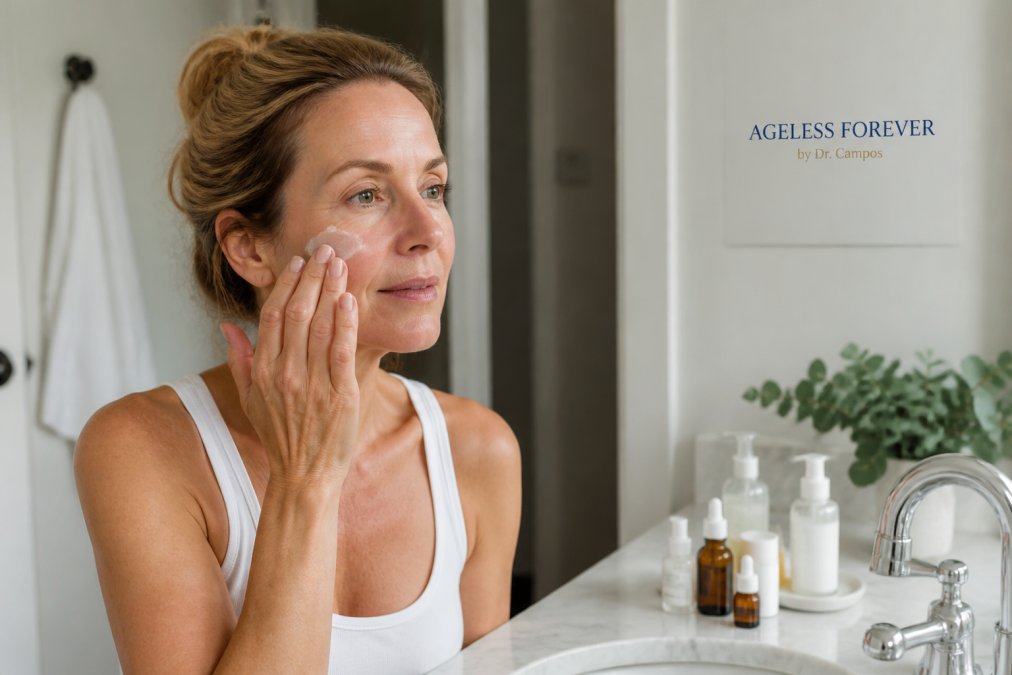 A woman in her 40s with bare, slightly flushed skin gently applying a creamy moisturizer to her face in a bright bathroom, soft natural light, calm and focused expression, skincare bottles on the counter