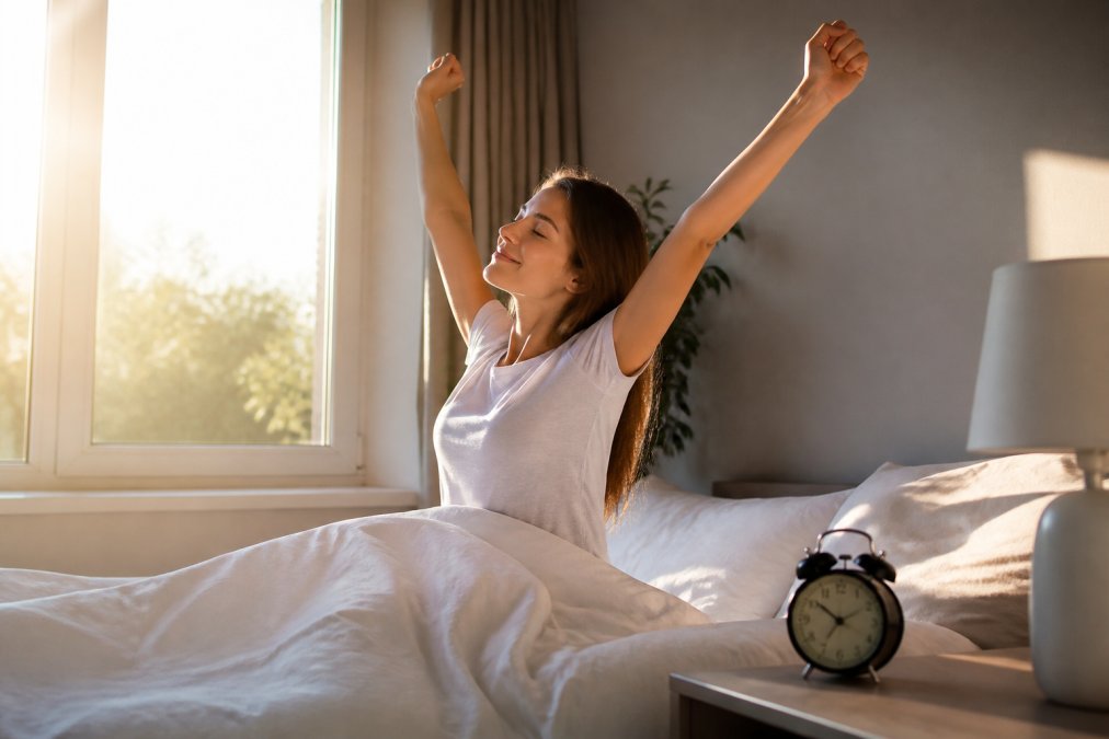 Person waking up in bright morning sunlight streaming through bedroom window, stretching in bed with alarm clock visible on nightstand