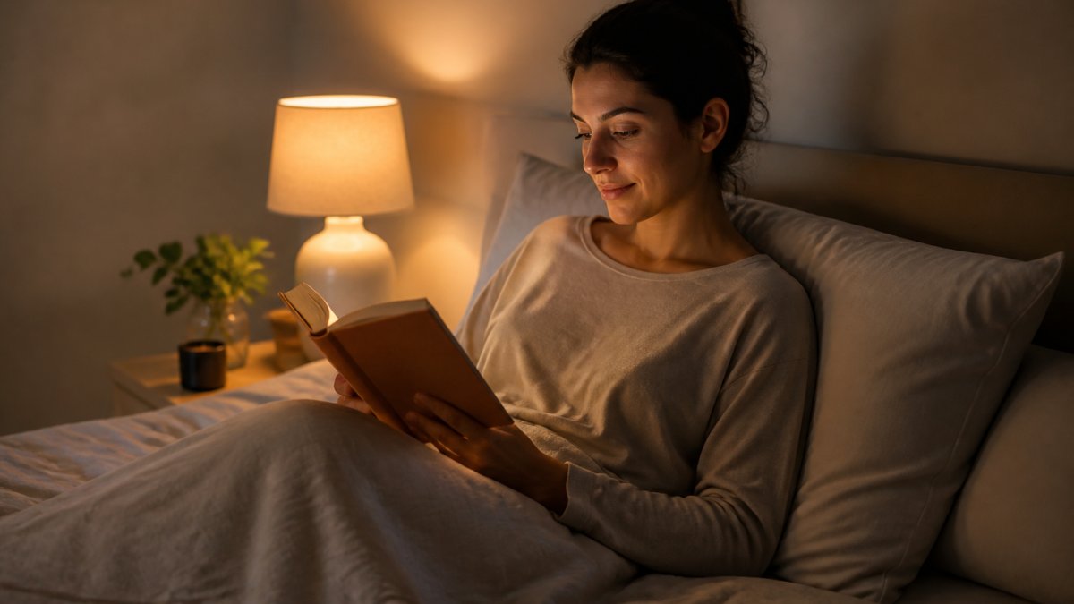 Person sitting on a bed in a dimly lit bedroom, reading a book with soft lamplight, looking calm and relaxed before sleep