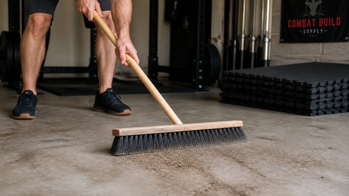 Close-up of hands sweeping and cleaning a concrete garage floor with a stiff broom, showing dust removal and surface preparation in natural garage lighting