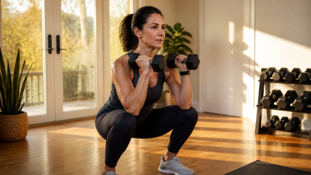 A woman in her late 40s performing a dumbbell squat in a bright home gym, focused expression, athletic wear, natural lighting