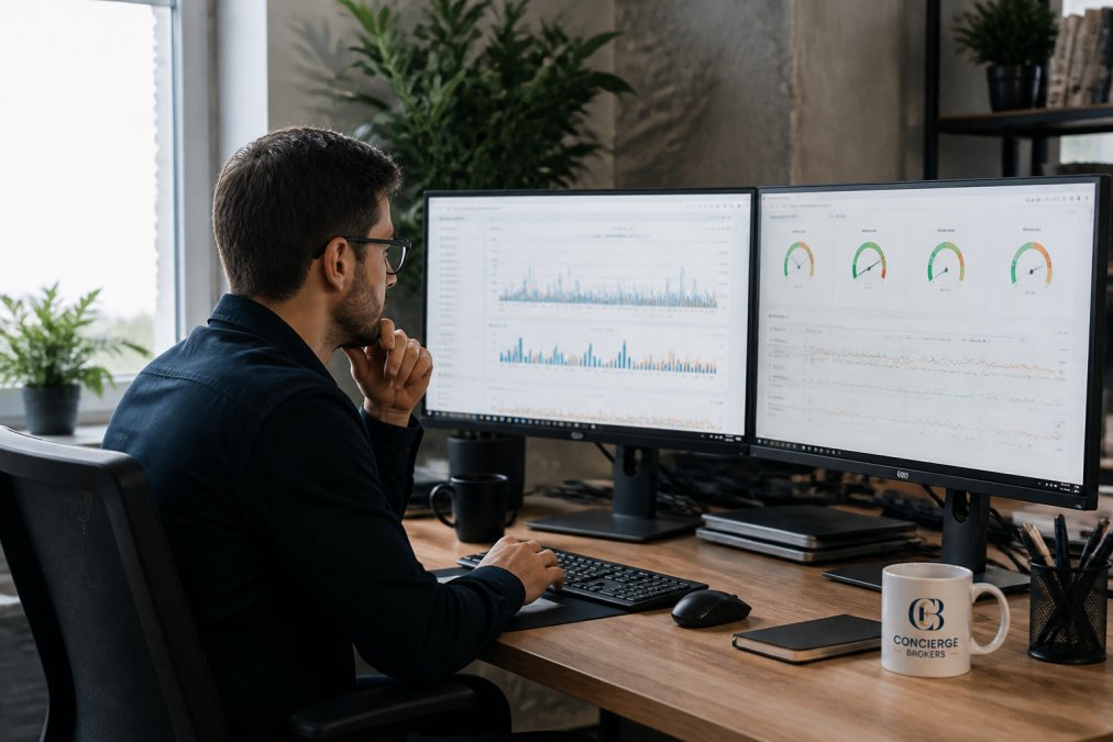 Developer at a desk reviewing website performance metrics on multiple monitors, with graphs, analytics dashboards, and Core Web Vitals data visible on screens in a modern office with natural lighting