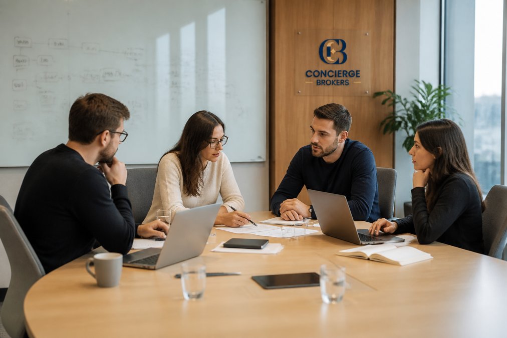 Team of technical professionals in a modern office collaborating around a table with laptops and monitors, discussing infrastructure and network optimization with whiteboards and documentation visible in the background