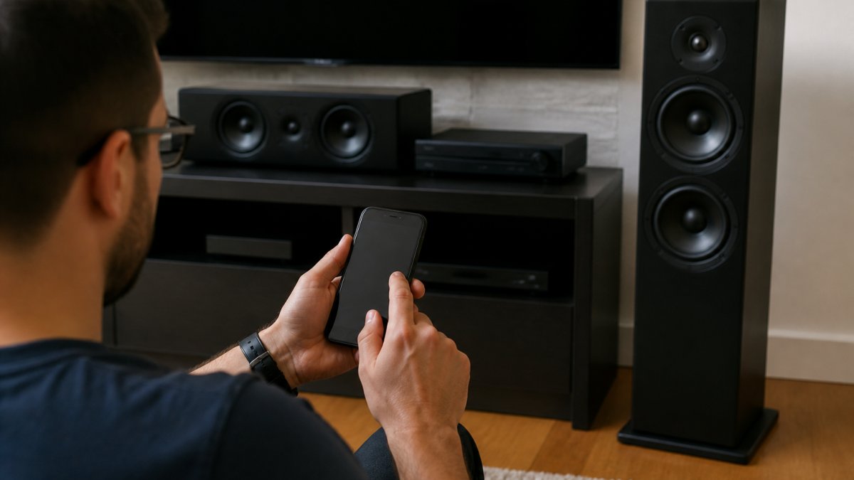 Person adjusting Android phone Bluetooth settings on home theater setup with speaker visible in background