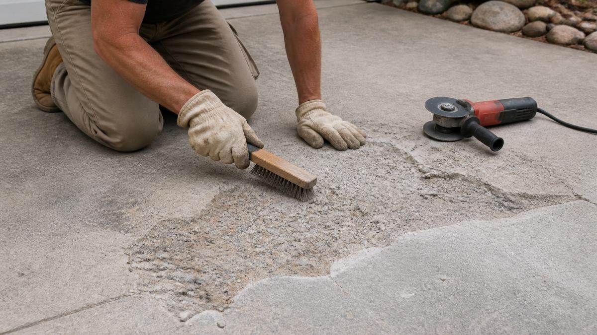 Professional demonstrating surface preparation technique on spalling concrete driveway with wire brush and grinder visible, showing damaged area with flaking and pitting exposed