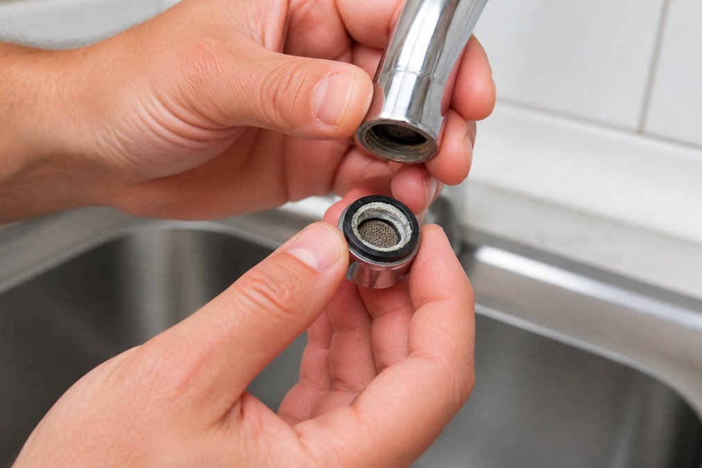 Close-up of hands unscrewing a faucet aerator over a sink, showing the small mesh screen and mineral deposits visible inside the aerator