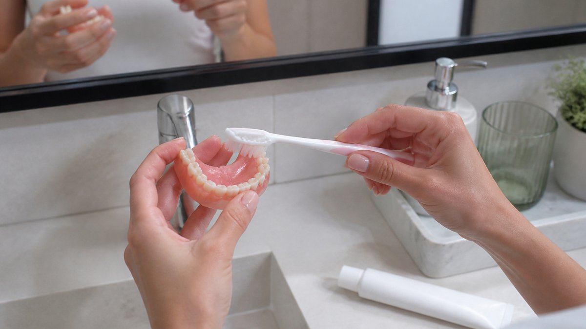 Hands brushing lower teeth with a soft toothbrush and non-abrasive toothpaste to help fix stained dental veneers.