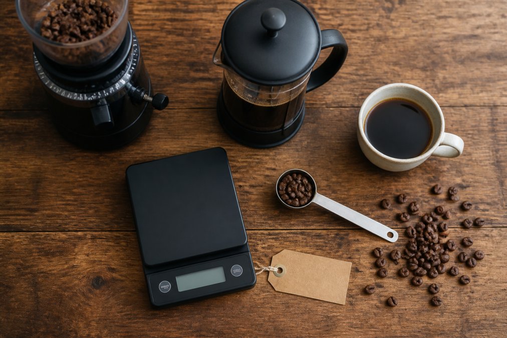 Overhead shot of a complete coffee brewing setup on a wooden surface showing a digital scale, burr grinder, French press, measuring spoon, and a ceramic cup with freshly brewed coffee, with scattered whole beans and a roast date label visible nearby