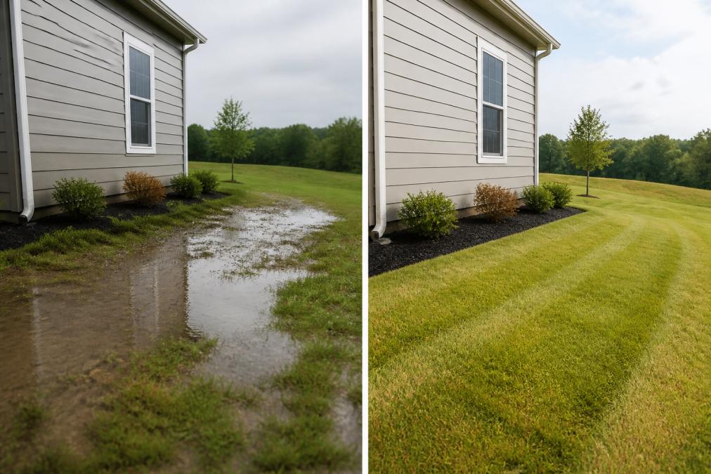 Before-and-after residential yard showing proper slope grading with water naturally flowing away from foundation and home, demonstrating correct landscape contouring