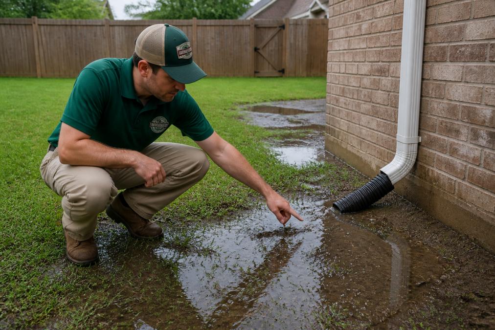 Homeowner pointing at a low spot in the yard where standing water has pooled near a downspout after rain