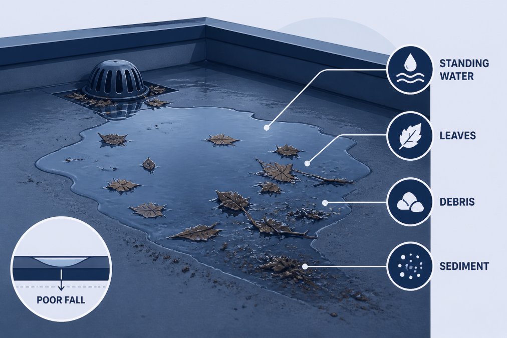 Close-up of standing water pooling on a flat roof surface with visible debris, leaves, and sediment in daylight, showing the drainage problem clearly