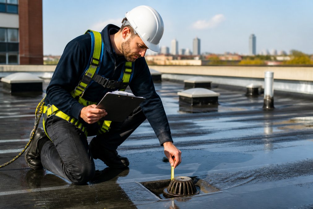 Professional roofer in safety harness inspecting a flat roof with clipboard, examining drainage system and taking measurements in natural daylight
