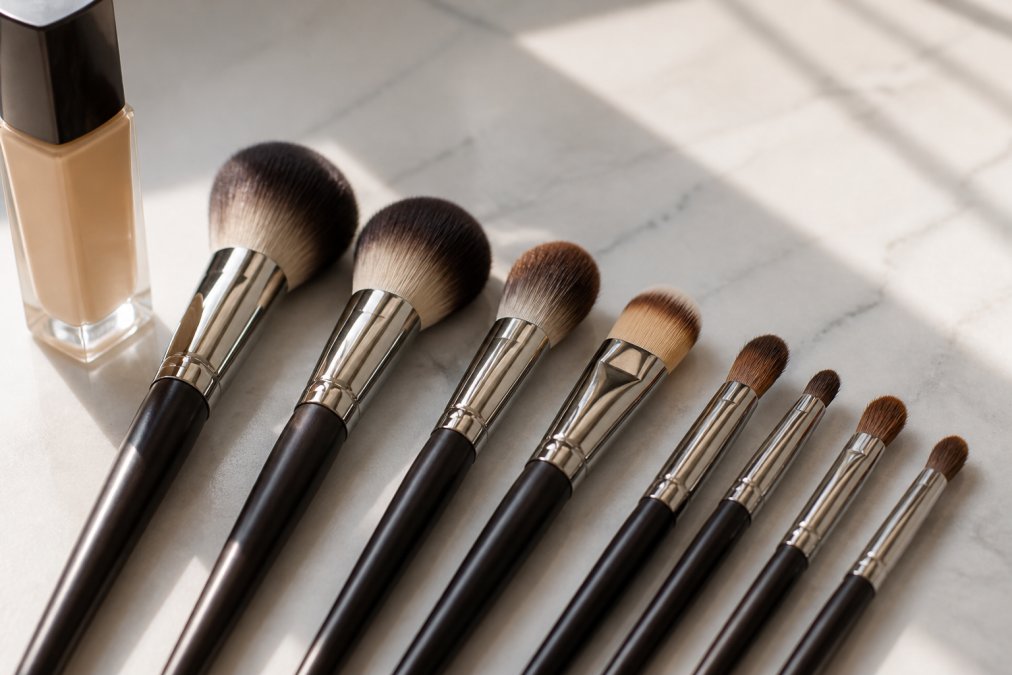 Close-up flat lay of professional makeup brushes with rounded and angled heads arranged neatly on a white marble surface alongside a glass foundation bottle, soft natural side-lighting highlighting the brush bristle texture