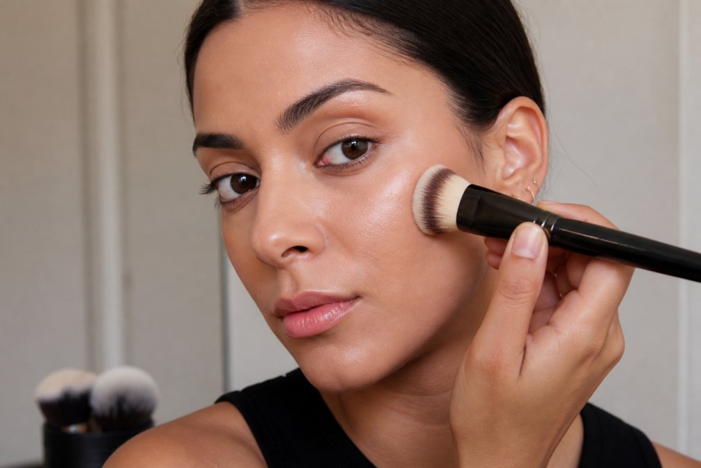 A person applying liquid foundation with a soft synthetic makeup brush using a circular buffing motion on their cheekbone, soft studio lighting showing a smooth blended finish against clear skin