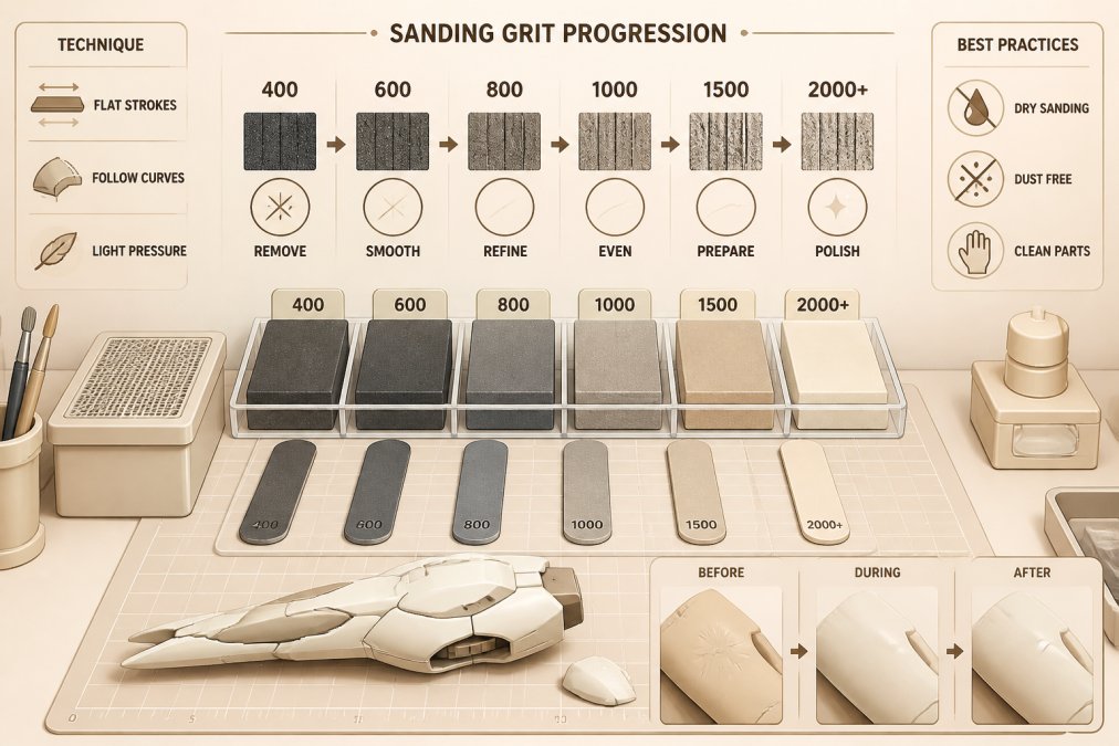 A model builder's workbench showing an array of sanding sponges and sanding sticks organized by grit level, with a partially finished Gundam part and dust-free workspace