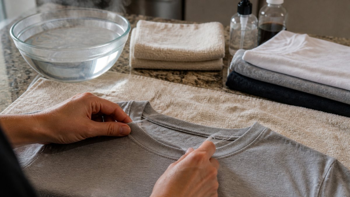 Close-up of hands gently reshaping the damp ribbed collar of a cotton T-shirt on a flat towel, steam faintly rising from a bowl of hot water nearby on a kitchen counter