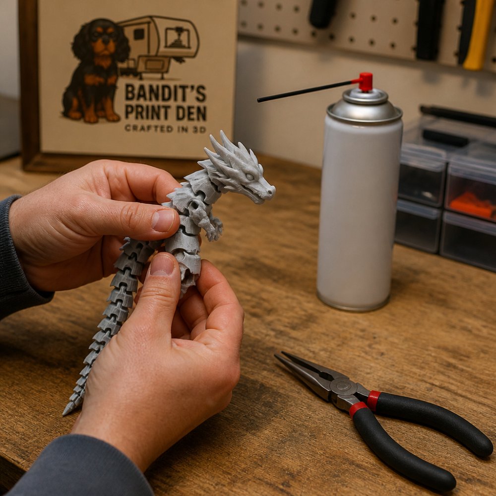 Close-up of hands gently working a small articulated 3D printed dragon figure on a wooden workbench, with needle-nose pliers and a can of compressed air nearby, warm workshop lighting