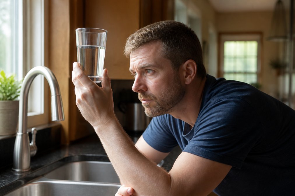 Homeowner holding a clear glass of water up to natural light in a kitchen sink, examining the water clarity and color while leaning over the counter