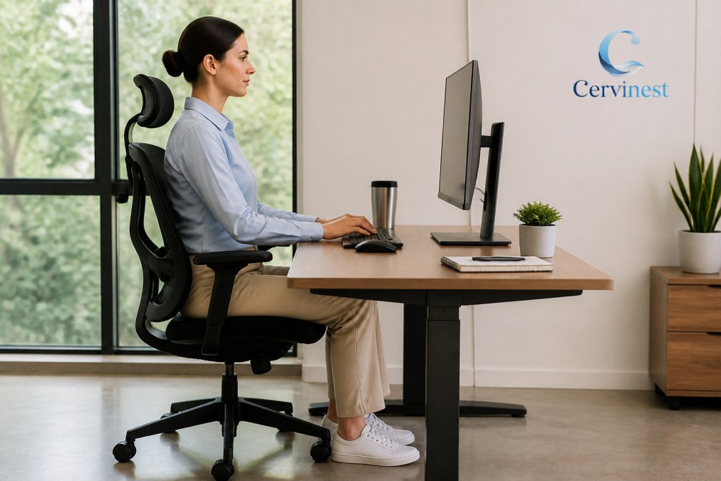 Office worker sitting at an ergonomic desk with monitor at eye level and feet flat on the floor