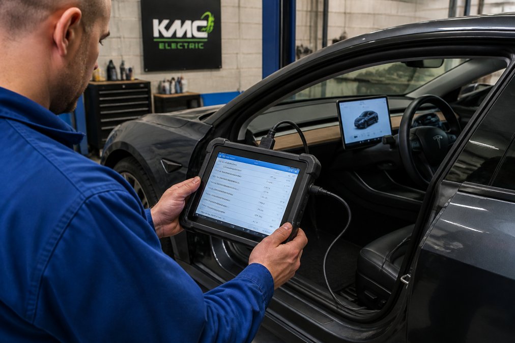 A mechanic in blue overalls using a diagnostic tablet connected to a Tesla Model 3 in a clean workshop, with the car's dashboard visible in the background