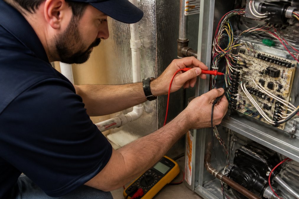 Professional technician holding a multimeter against furnace control board terminal block, probes positioned on labeled R and C terminals with wiring harness visible in soft workshop lighting