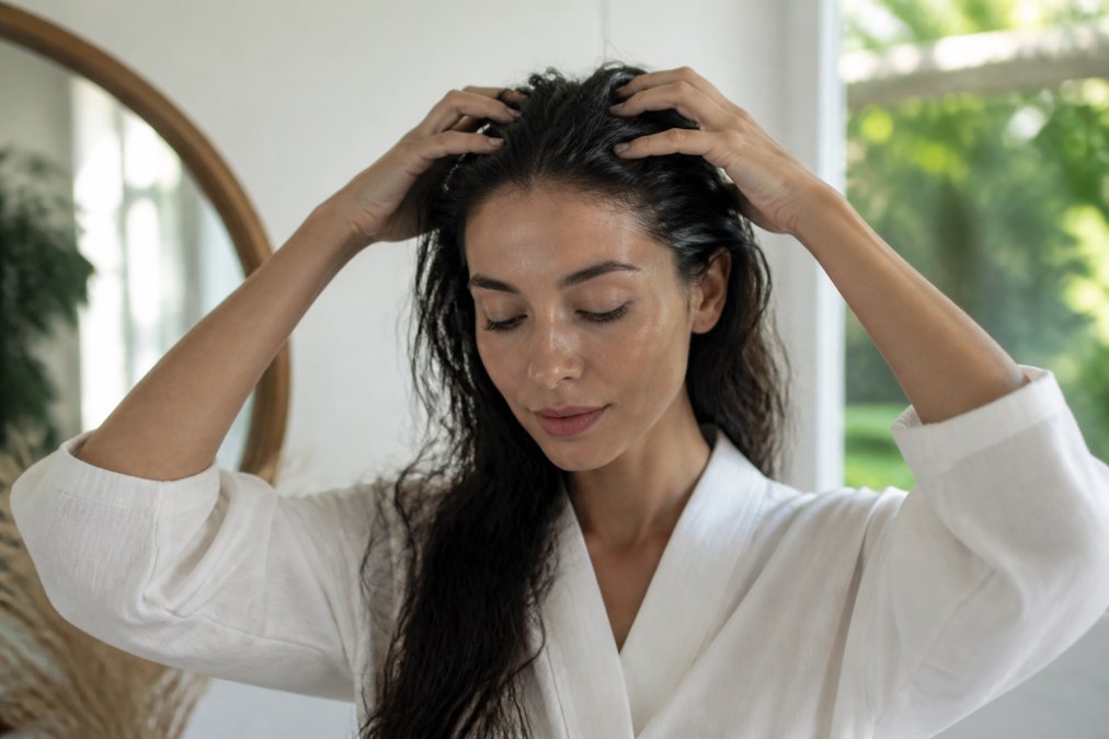 Woman performing gentle scalp massage with fingertips on her head, hands visible, calm focused expression, natural lighting
