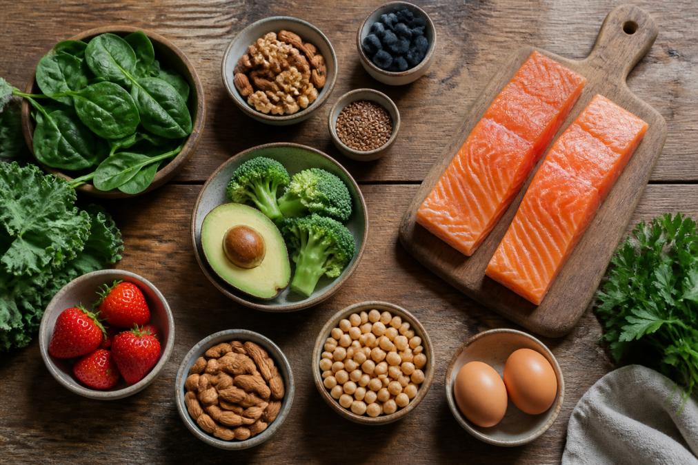 Flat lay of nutrient-rich foods including salmon, leafy greens, nuts, eggs, and berries on a wooden surface with soft natural light