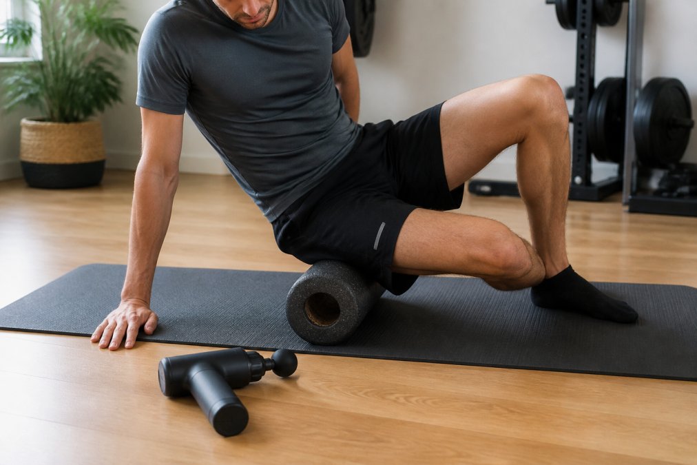 A person kneeling on a yoga mat using a black foam roller on their thigh, with a massage gun resting nearby on a wooden floor in a bright home gym