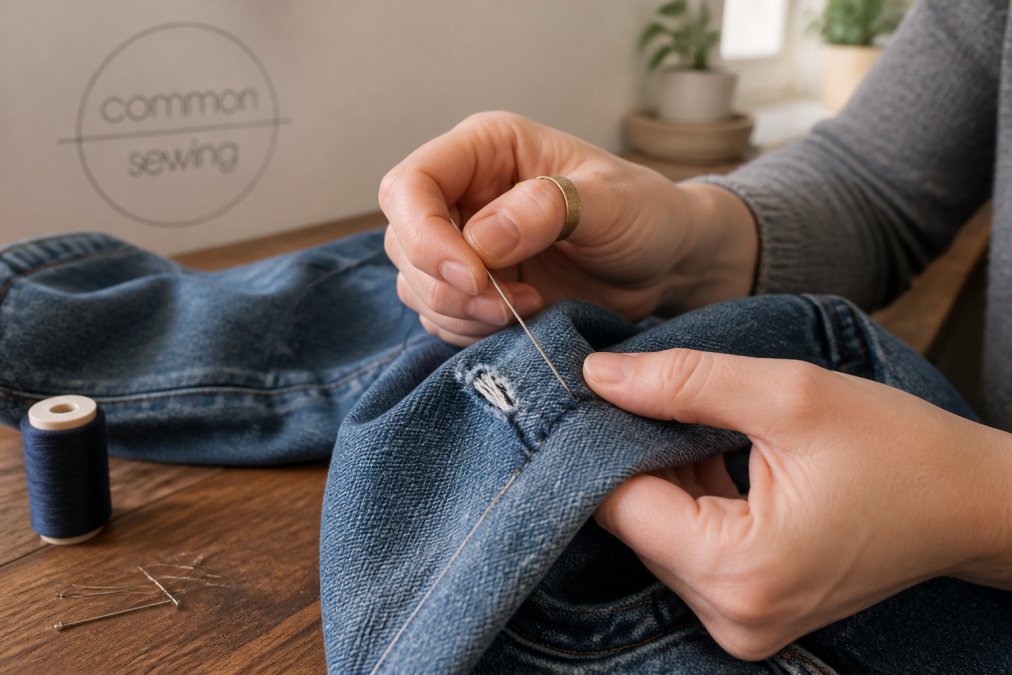 Close-up of hands performing a whip stitch on torn denim fabric with needle, heavy-duty thread, and thimble visible on work surface with natural lighting