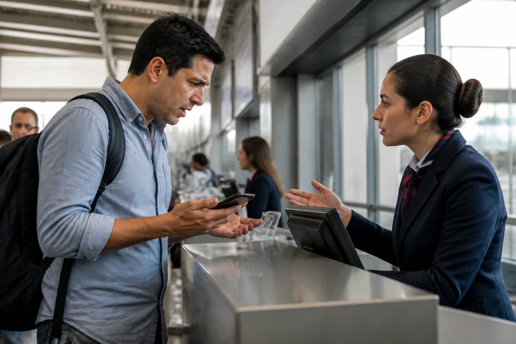Frustrated traveler at airport gate checking flight status on phone while speaking with airline representative at counter during flight disruption