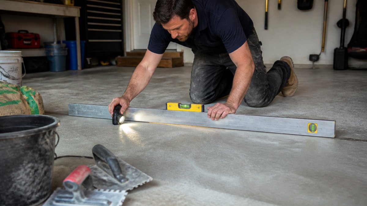 A contractor in work clothes kneeling on a bare concrete garage floor, pressing a long metal straightedge and spirit level against the slab to check flatness, with a flashlight beam showing the gap under the edge