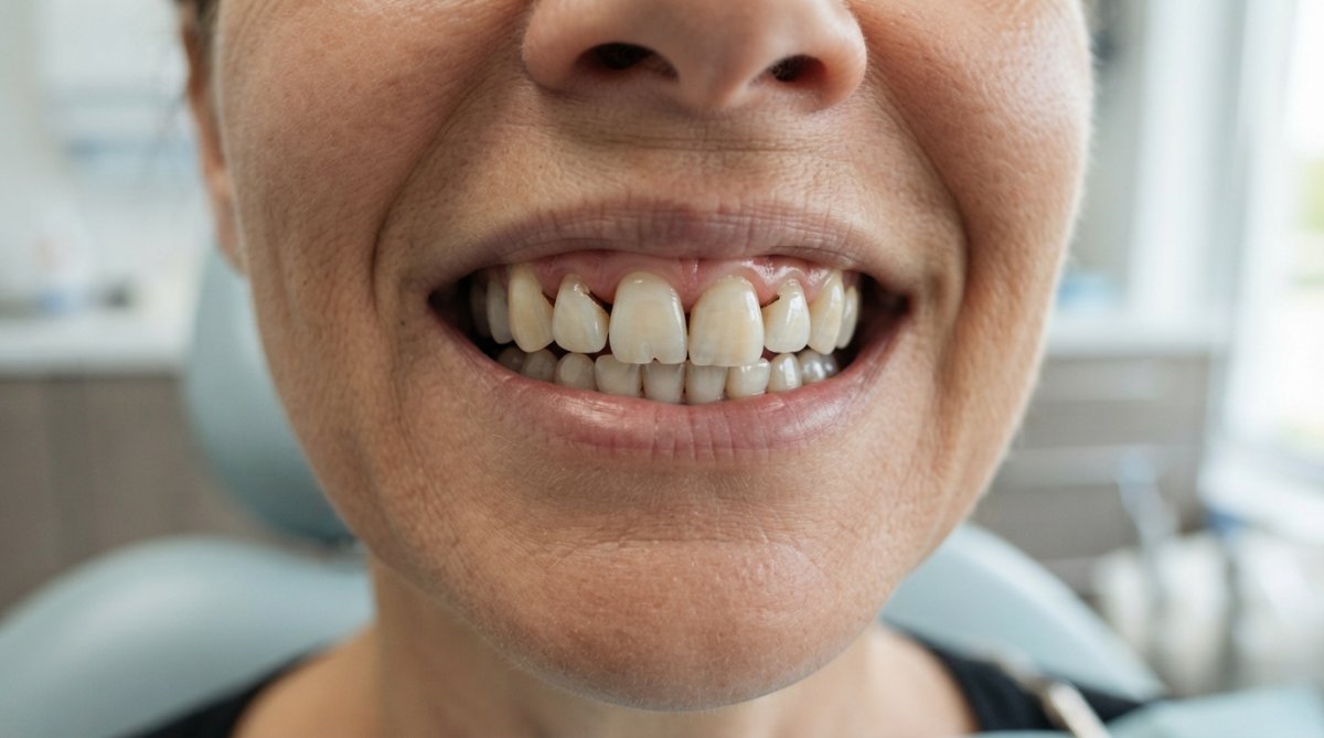 Close-up of patient's smile showing visible gaps between veneers, misaligned edges, and uneven veneer margins on front teeth in natural clinical lighting