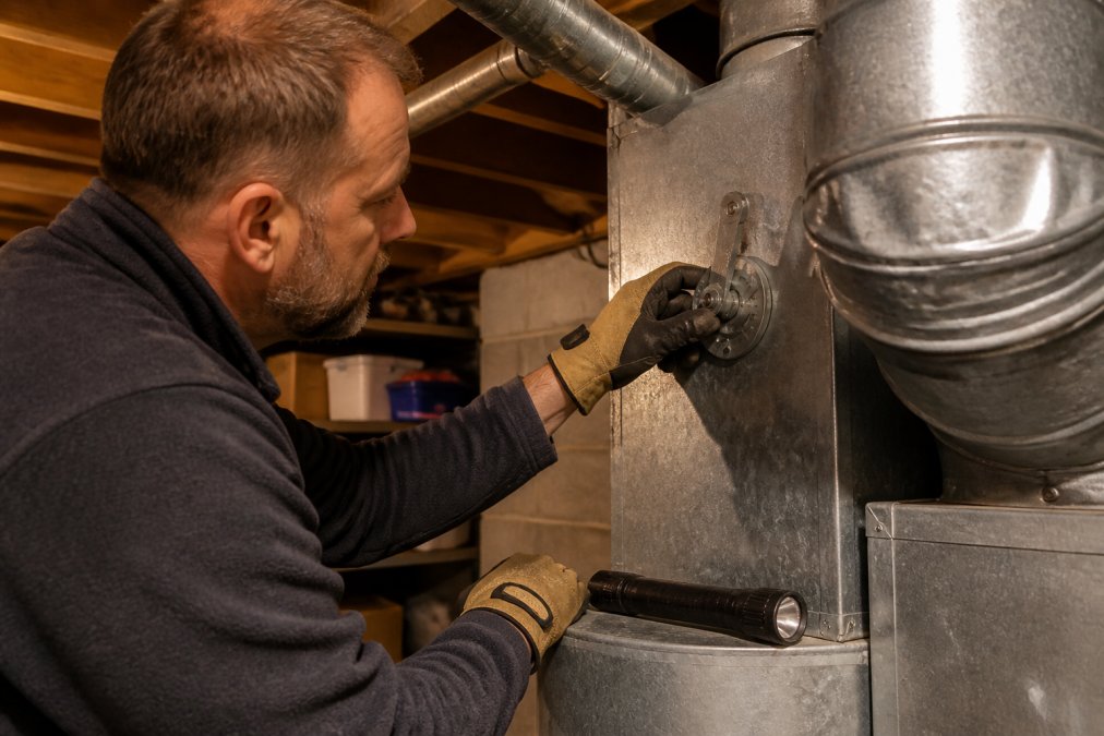 A homeowner in work gloves adjusting a metal damper lever on a basement duct, flashlight resting nearby, warm overhead lighting